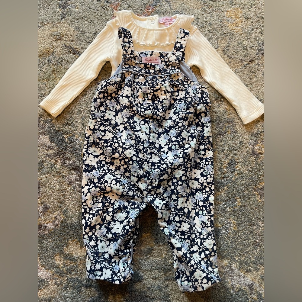 Trotters London Blue Floral Corduroy Overalls & Ribbed Ruffle Bodysuit 12/18M